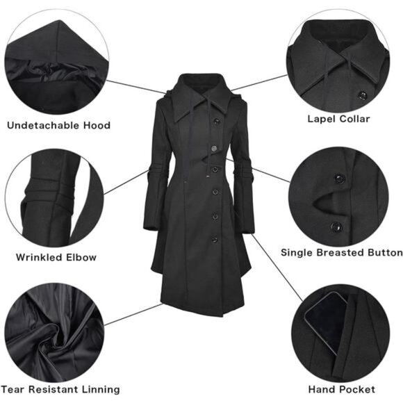 Long Trench Pea Coat for Women - Wool Winter Trench Coat Goth Lapel Peacoat - Picture 5 of 7